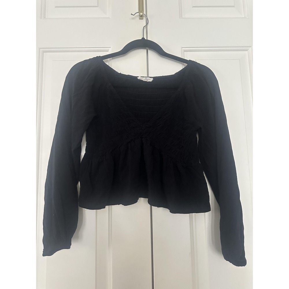 LA Hearts Top Womens Medium Black Long Sleeve‎ Peplum Blouse Boho Smocked Rayon